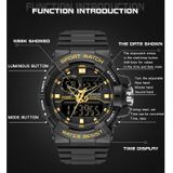 Sanda 6025 Dual Time Digital Display Lichtgevende Kalender Waterdicht Multifunctioneel Mannen Sport Quartz horloge (zwart goud)