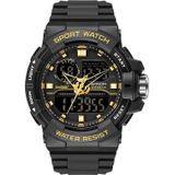 Sanda 6025 Dual Time Digital Display Lichtgevende Kalender Waterdicht Multifunctioneel Mannen Sport Quartz horloge (zwart goud)