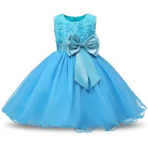 Blauwe meisjes mouwloos Rose Flower patroon Bow-knoop Lace Dress Toon jurk  Kid grootte: 100cm