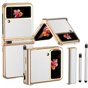 Voor Samsung Galaxy Z Flip3 5G Litchi Textuur Lederen Scharnierende Gegalvaniseerde Telefoon Case met Pen (Goud Wit)