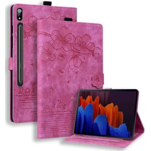 Voor Samsung Galaxy Tab S9 /S8 /S7 Cartoon Sakura Kat Relif Smart Leather Tablet Case (Rose Rood)