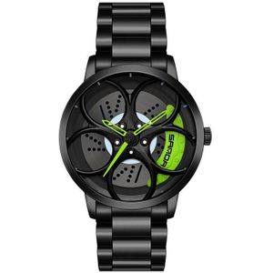 Sanda 1070 3D Ovaal uitgehold Wiel niet-roteerbaar wijzerplaat Quartz horloge voor mannen  stijl: stalen riem (zwart groen)