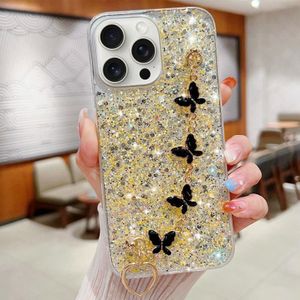 Voor iPhone 15 Pro Starry Pailletten Vlinderketting Epoxy TPU Telefoonhoesje (Geel)