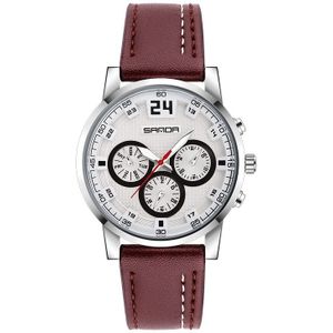 SANDA 5009 Business Fashion Three Eye Six Needle Casual Lederen Waterdichte Mannen Quartz Horloge (Koffie)