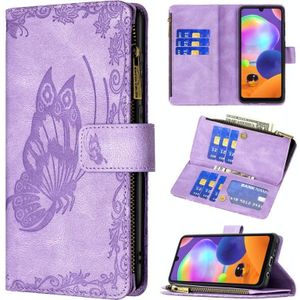 Voor Samsung Galaxy A31 Flying Butterfly Embossing Patroon Rits Horizontale Flip Lederen Hoesje met Houder & Kaart Slots &Portemonnee (Paars)