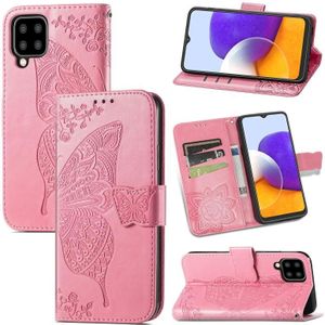 Voor Samsung Galaxy A22 5G Butterfly Love Flowers Relif Horizontale Flip Lederen Case met Houder & Card Slots & Wallet & Lanyard (Pink)