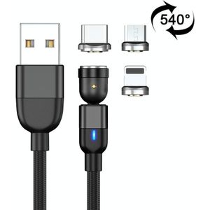 2m 3A Output 3 in 1 USB naar 8 Pin + USB-C / Type-C + Micro USB 540 Graden Roterende Magnetische Data Sync Oplaadkabel(Zwart)