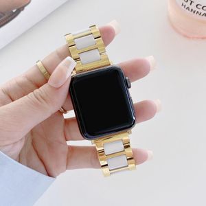Three Beads Ceramics Steel Replacement Strap Watchband For Apple Watch Series 6 & SE & 5 & 4 44mm / 3 & 2 & 1 42mm(Gold+White)