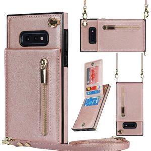Voor Samsung Galaxy S10E Cross-Body Rits Square TPU + PU Back Cover Case met Houder & Card Slots & Portemonnee & Strap (Rose Gold)