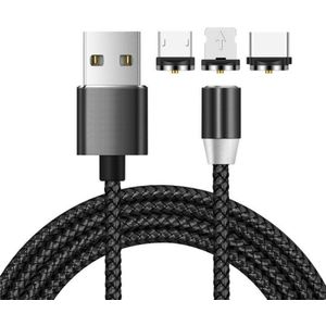 3 in 1 USB naar 8 Pin + Type-C/USB-C + Micro USB Magnetic Metal Interface Nylon Vlechten oplaadkabel  lengte: 1m (Zwart)