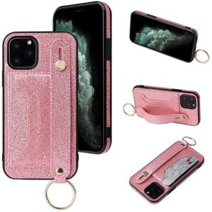 Glitter Powder PU+TPU Schokbestendige beschermhoes met houder & kaartslots & polsbandje voor iPhone 11 Pro Max(Roze)