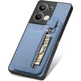 Voor OPPO Reno9 Pro+ Koolstofvezel Verticale Flip Rits Telefoon Case(Blauw)