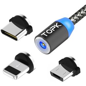 TOPK 1m 2.1A Uitgang USB naar 8-pins + USB-C / Type-C + Micro USB Mesh Gevlochten magnetische oplaadkabel met LED-indicator (grijs)