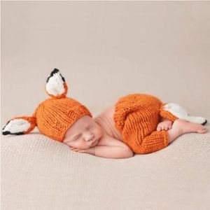 Kinderen fotografie kleding cartoon Fox vorm handgemaakte wol brei Hat + Broek set  grootte: 0-3  (oranje)