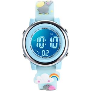 JNEW A380-86664 Children Cartoon 3D Happy Small Elephant Alarm Waterproof Sports LED Digital Watch(Light Blue)