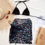 3 in 1 Lace-up Halter Backless Bikini Dames Split Badpak Set met Butterfly Pattern Mesh Short Rok (kleur: Black Size: M)