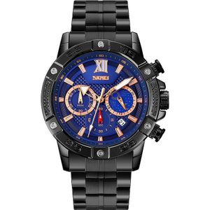 SKMEI 9235 Mannen Moonphase Stopwatch Roestvrij staalriem Quartz horloge (zwart blauw)
