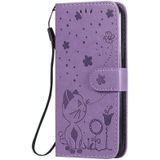 Voor iPhone 11 Pro Cat Bee Embossing Pattern Shockproof Horizontale Flip Lederen Case met Holder & Card Slots & Wallet(Paars)