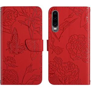 Voor Huawei P30 Skin Feel Butterfly Peony relif lederen telefoonhoesje