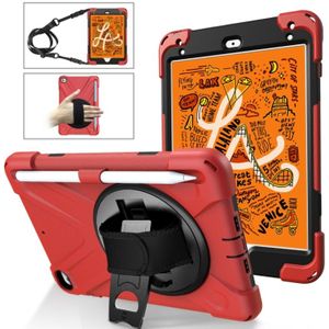 Voor iPad Mini 5 360 graden Rotatie Siliconen beschermhoes met houder & handriem & longstrap & pencil slot(rood)