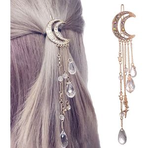 Mode elegante vrouwen Lady maan Rhinestone Crystal kwast lange keten kralen Dangle haarspeld Hair clip haar juwelen (Rose goud)