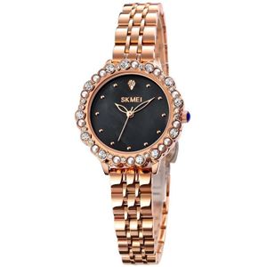 SKMEI 1799 Pearl Diamond Ronde wijzerplaat roestvrijstalen riem Quartz horloge voor dames (rose goud en zwart oppervlak)