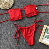 2 in 1 dubbellaags nylon geplooide buis top bikini dames split badpak set (kleur: rood maat: S)