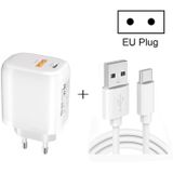 CS-20W Mini Draagbare PD3.0 + QC3.0 Dual Ports Snelle oplader met 3A USB naar Type-C-gegevenskabel (EU-stekker)