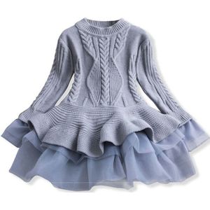 Winter Girls Knit Long Sleeve Sweater Organza Dress Evening Dress  Size:120cm(Grey)