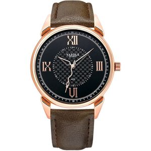 YAZOLE 424 mannen Fashion Business PU lederen Band Quartz Wrist Watch  lichtgevende punten (zwarte wijzerplaat + bruine band)