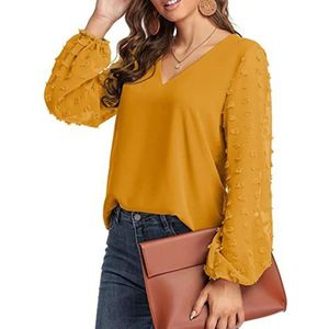 V-hals chiffon wollen bal decoratieve lange mouw blouse (kleur: geel maat: XL)