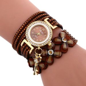 FULAIDA ronde wijzerplaat diamant bloem armband horloge met bloem vorm sleutelhanger (bruin)