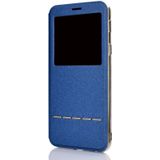 Voor iPhone 11 Pro matte textuur horizontale Flip beugel mobiele telefoon holster venster met beller-ID en metalen knop dia te ontgrendelen (blauw)