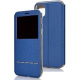 Voor iPhone 11 Pro matte textuur horizontale Flip beugel mobiele telefoon holster venster met beller-ID en metalen knop dia te ontgrendelen (blauw)