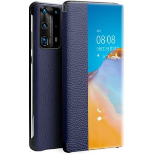 Voor Huawei P40 QIALINO Litchi Textuur Zijruit View Lederen Telefoon Case (Blauw)