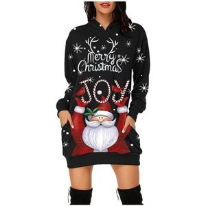 Dames Kerst Santa Claus Print Lange Mouw Sweatshirt Jurk (Kleur: Zwart Maat: XL)