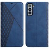 For Samsung Galaxy S21 FE Diamond Pattern Splicing Skin Feel Magnetic Horizontal Flip Leather Case with Card Slots & Holder & Wallet(Blue)