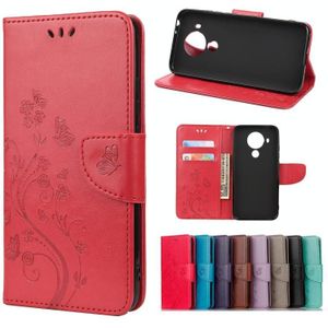 Voor Nokia 5.4 vlinder bloem patroon horizontale flip lederen geval met houder en kaart slots &portemonnee (rood)