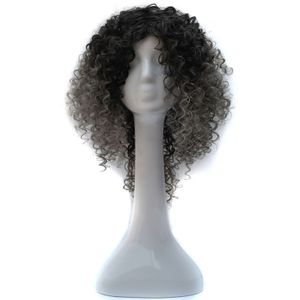 T191006 Europese en Amerikaanse pruik hoofddeksels met korte en kleine krullend haar voor vrouwen (donkergrijs)