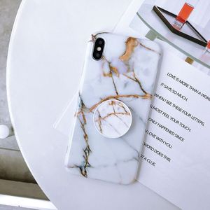 Marmer anti-drop TPU bescherming achtercover voor iPhone XS Max  met opvouwbare houder (wit + goud)
