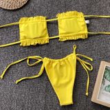 2 in 1 dubbellaags nylon geplooide buis bovenste bikini dames split badpak set (kleur: geel maat: m)