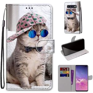 Voor Samsung Galaxy S10+ Gekleurde tekening kruistextuur Horizontale Flip PU Lederen kast met Holder & Card Slots & Wallet & Lanyard (Schuine hoed Blauwe Spiegel cat)