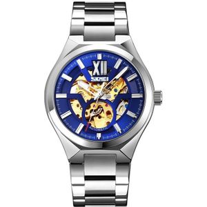 SKMEI 9258 heren twee-kleuren rvs riem automatisch mechanisch horloge (zilver shell blauw oppervlak)