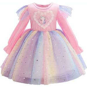 Kinderen jurk met vliegende mouwen regenboog pailletten mesh prinses jurk (kleur: roze maat: 110)