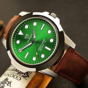 Yazole 372 Mannen Sporthorloge Lichtgevende Simple Quartz horloge (groene lade bruine riem)