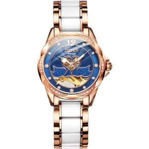 JIN SHI DUN 8831 Women Fashion Diamond Hollowed Waterproof Mechanical Watch (Blauw)