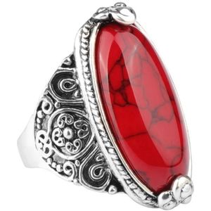 Mode Vintage ovale Turquoise Flower Ring vrouwen antieke zilveren sieraden  ring grootte: 7 (rood)