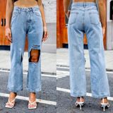Dames High-rise Cut-out gescheurde jeans (kleur: lichtblauw Maat: XL)