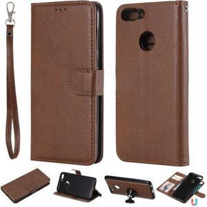 Voor Huawei P Smart / Enjoy 7s Solid Color Horizontal Flip Protective Case met Holder & Card Slots & Wallet & Photo Frame & Lanyard(Brown)