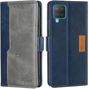 For Samsung Galaxy M12 / F12 Retro Texture Contrast Color Buckle Horizontal Flip Leather Case with Holder(Blue+Grey)